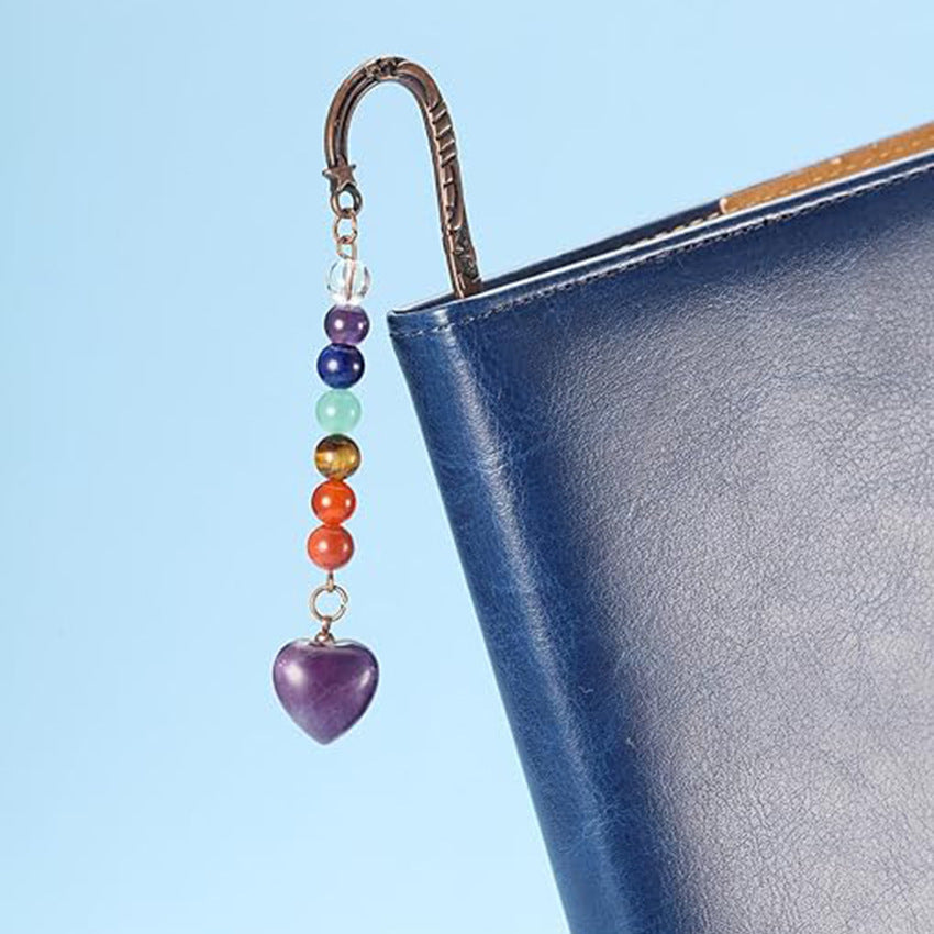 Vintage Natural Crystal 7 Chakra Round Bead Heart Bookmark Handmade Personalized Bookmark