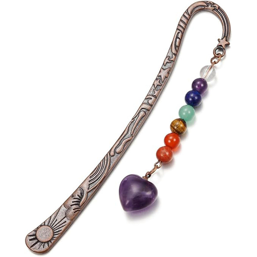 Vintage Natural Crystal 7 Chakra Round Bead Heart Bookmark Handmade Personalized Bookmark