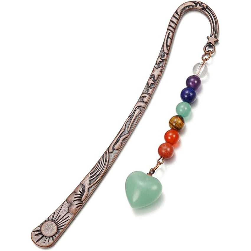 Vintage Natural Crystal 7 Chakra Round Bead Heart Bookmark Handmade Personalized Bookmark