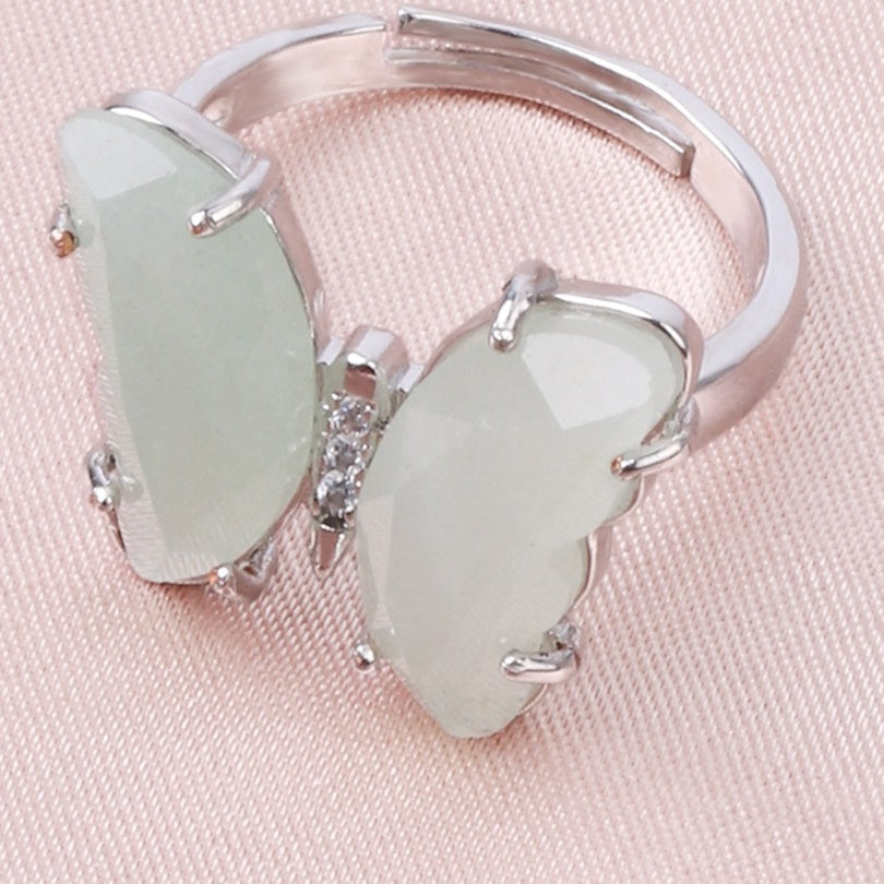 A4_New Adjustable Amethyst White Crystal Ring Natural Gemstone Butterfly Rings for Women Girl Jewelry