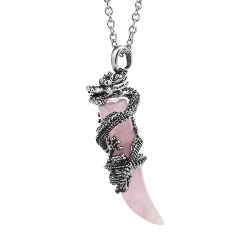 Vintage Man Crystal Necklace Dragon Natural Stone Pink Quartz Obsidian Amethyst Pendant Stainless Steel Necklaces