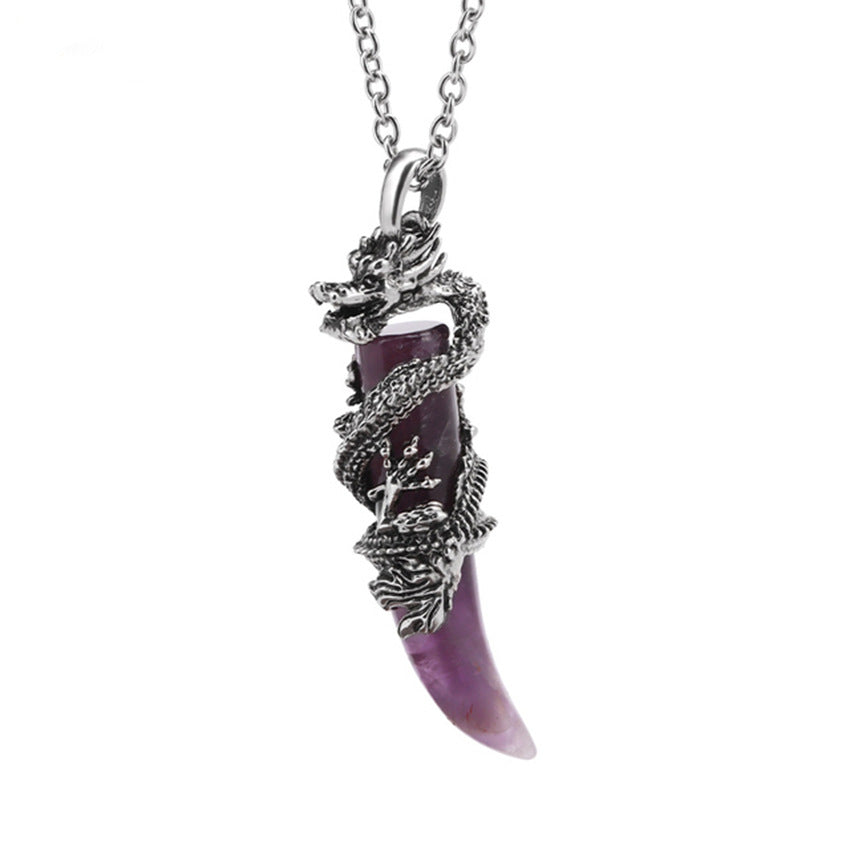 Vintage Man Crystal Necklace Dragon Natural Stone Pink Quartz Obsidian Amethyst Pendant Stainless Steel Necklaces