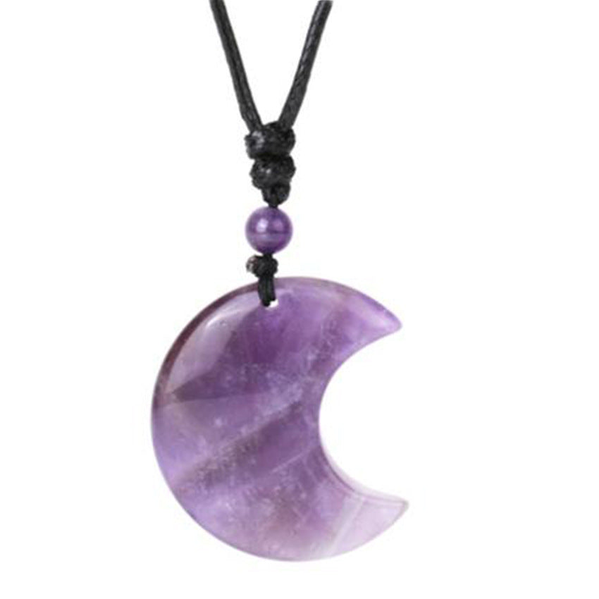 Natural Crystal Amethyst Moon Handcrafted Woven Pendant Necklace