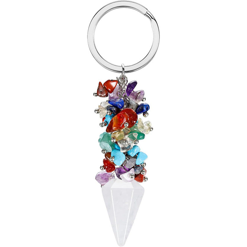 Natural Colorful Chips Stone pyramid Hexagonal Cone Keychain