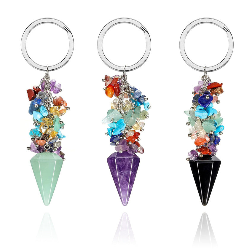 Natural Colorful Chips Stone pyramid Hexagonal Cone Keychain