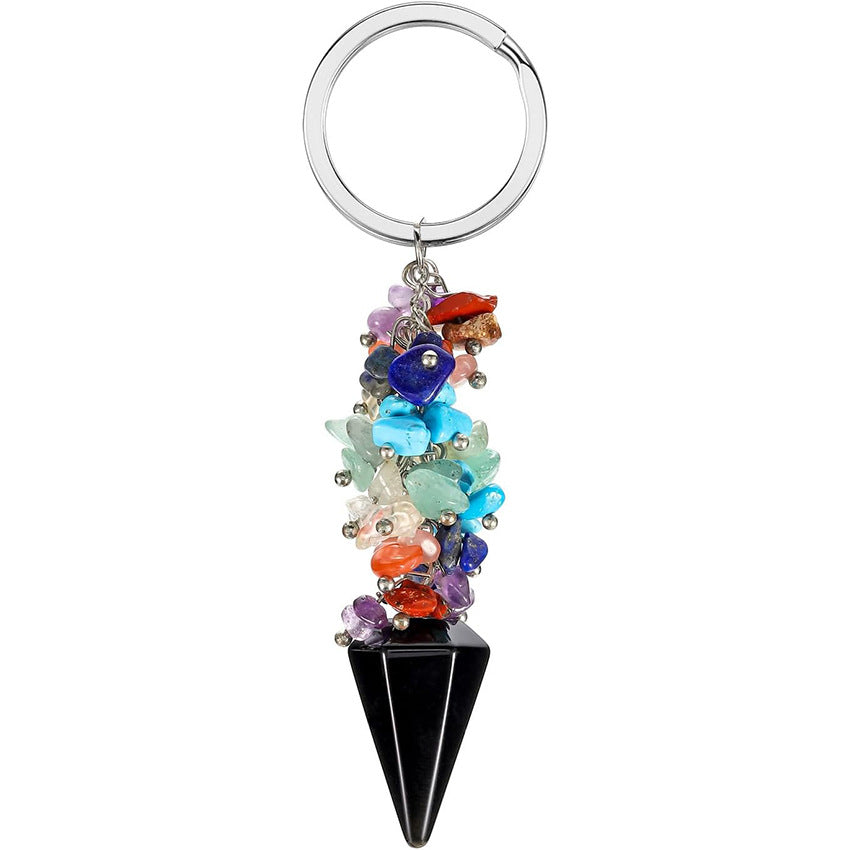 Natural Colorful Chips Stone pyramid Hexagonal Cone Keychain