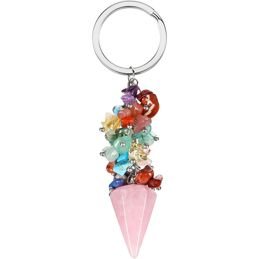 Natural Colorful Chips Stone pyramid Hexagonal Cone Keychain