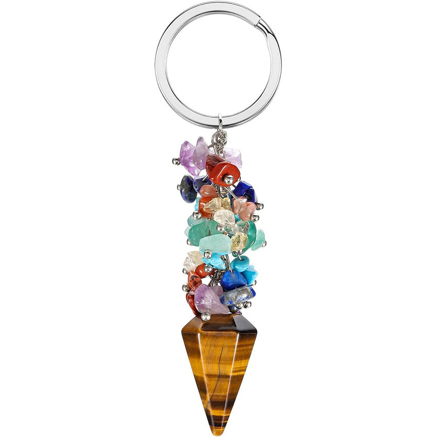 Natural Colorful Chips Stone pyramid Hexagonal Cone Keychain