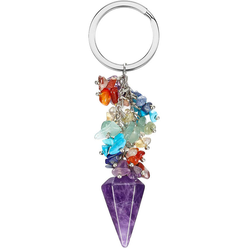 Natural Colorful Chips Stone pyramid Hexagonal Cone Keychain