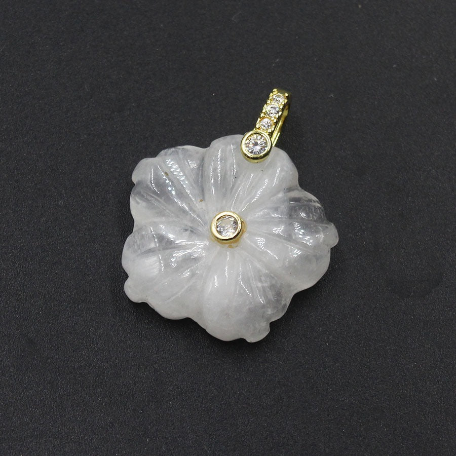 A1_New Natural Stone Crystal Carving Flower with White Zircon Pendant for Women Lady Necklace Jewelry