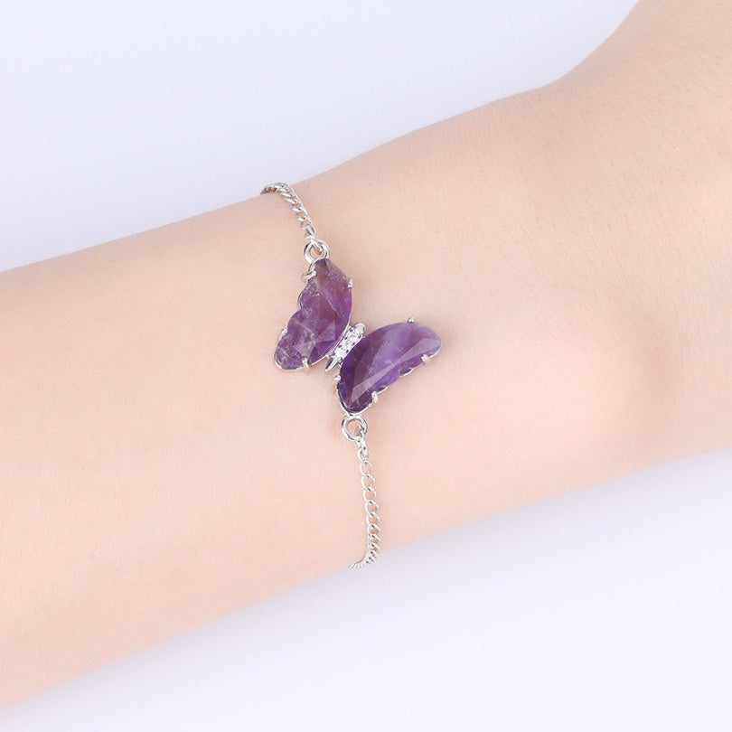 A5_Stainless Steel Butterfly Bracelet for Women Girl Reiki Natural Stone Crystal Silver Color Chain Bracelets Friendship Jewelry