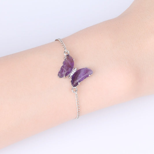 A5_Stainless Steel Butterfly Bracelet for Women Girl Reiki Natural Stone Crystal Silver Color Chain Bracelets Friendship Jewelry