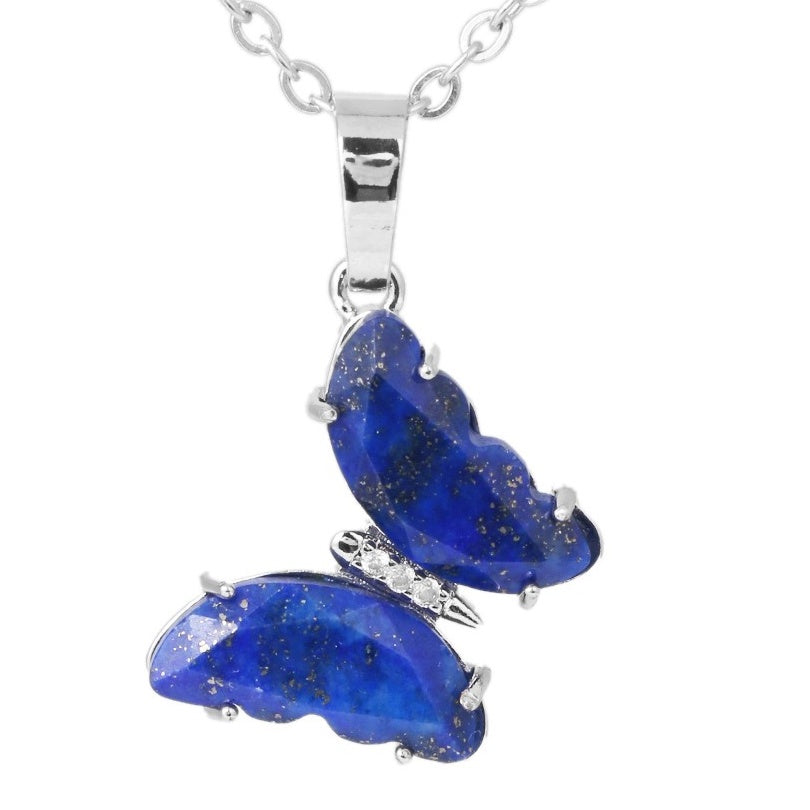 A2_Rock Crystal  Butterfly Necklaces Natural Stone Amethysts Clear Quartz Tiger Eye Pendants Necklace Jewelry for Lady Women