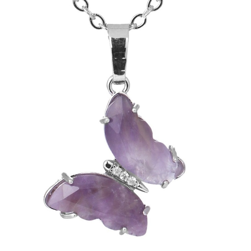 A2_Rock Crystal  Butterfly Necklaces Natural Stone Amethysts Clear Quartz Tiger Eye Pendants Necklace Jewelry for Lady Women