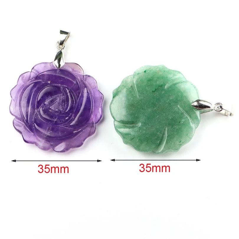 A3_Natural Stone Amethyst Green Aventurine 35MM Rose Flower Pendant For Women Necklace Lady Jewelry