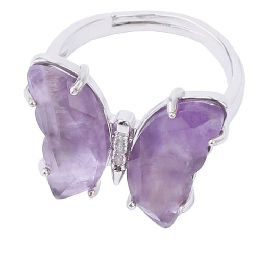 A4_New Adjustable Amethyst White Crystal Ring Natural Gemstone Butterfly Rings for Women Girl Jewelry