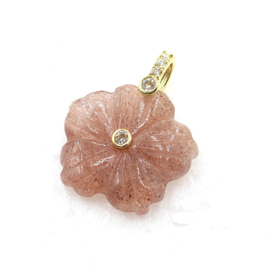 A1_New Natural Stone Crystal Carving Flower with White Zircon Pendant for Women Lady Necklace Jewelry