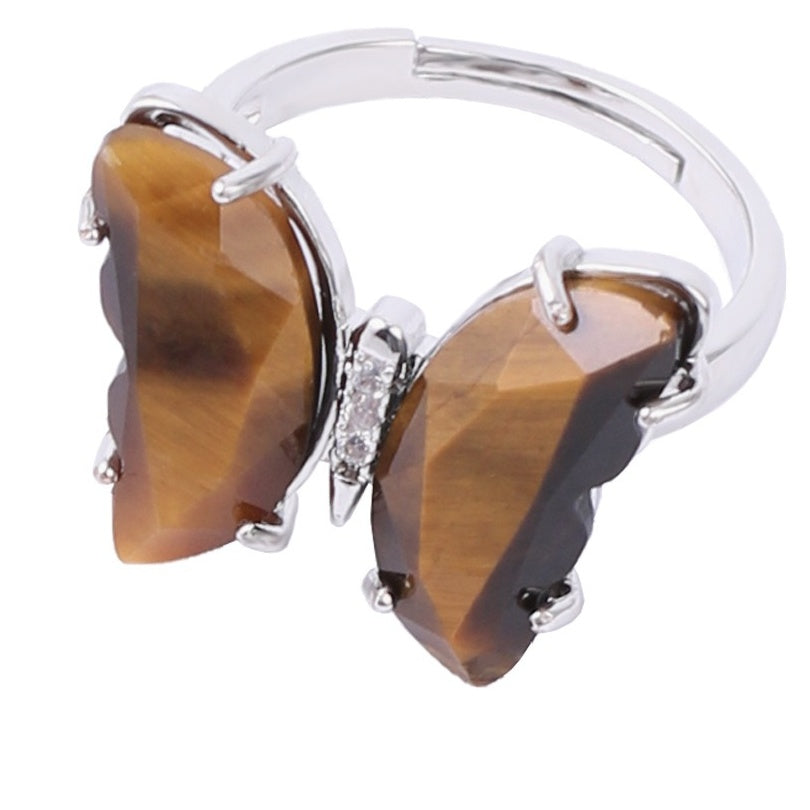 A4_New Adjustable Amethyst White Crystal Ring Natural Gemstone Butterfly Rings for Women Girl Jewelry