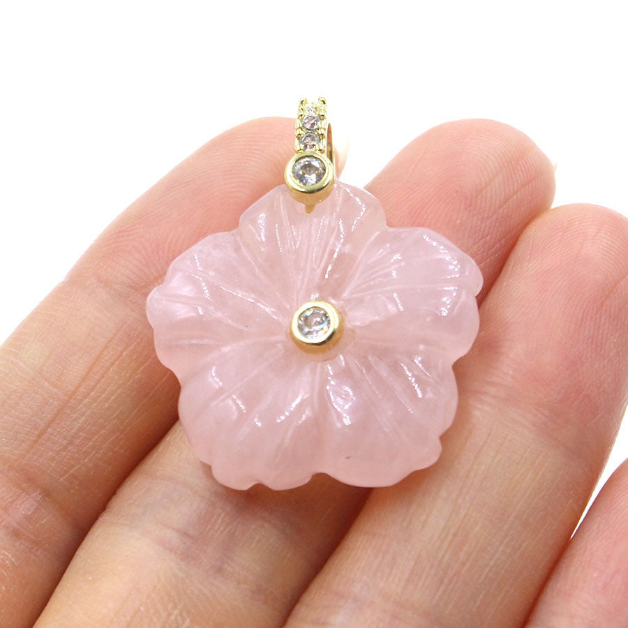A1_New Natural Stone Crystal Carving Flower with White Zircon Pendant for Women Lady Necklace Jewelry