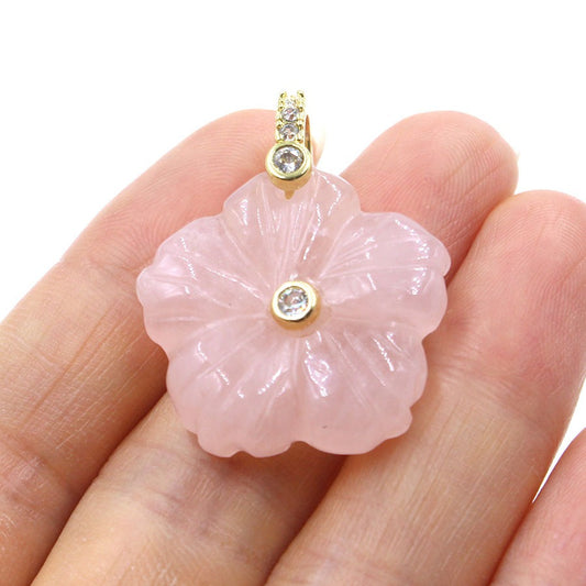 A1_New Natural Stone Crystal Carving Flower with White Zircon Pendant for Women Lady Necklace Jewelry