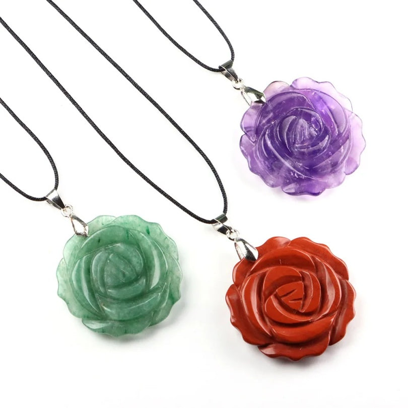 A3_Natural Stone Amethyst Green Aventurine 35MM Rose Flower Pendant For Women Necklace Lady Jewelry