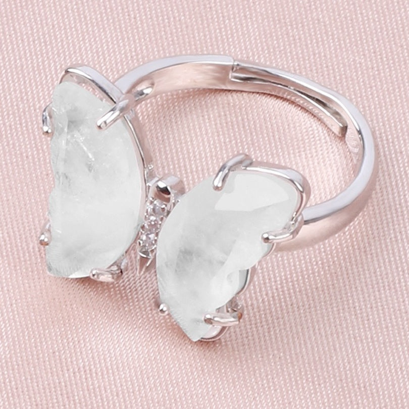 A4_New Adjustable Amethyst White Crystal Ring Natural Gemstone Butterfly Rings for Women Girl Jewelry