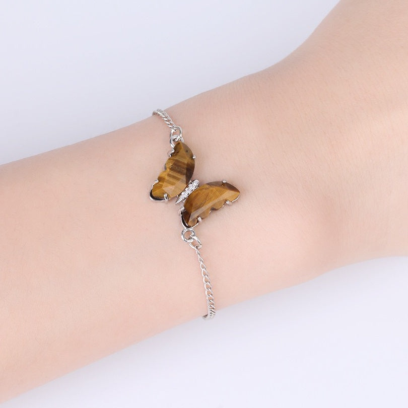 A5_Stainless Steel Butterfly Bracelet for Women Girl Reiki Natural Stone Crystal Silver Color Chain Bracelets Friendship Jewelry