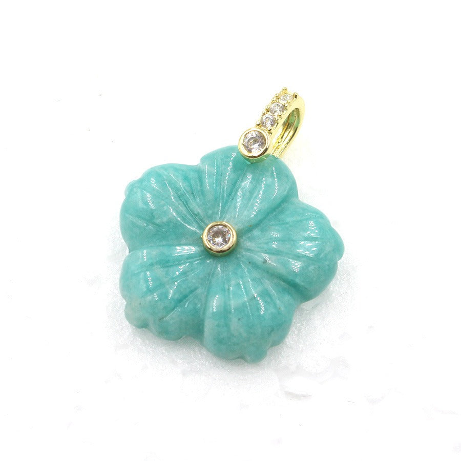 A1_New Natural Stone Crystal Carving Flower with White Zircon Pendant for Women Lady Necklace Jewelry