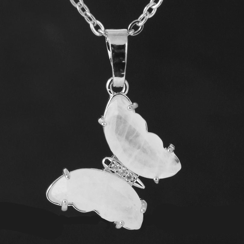 A2_Rock Crystal  Butterfly Necklaces Natural Stone Amethysts Clear Quartz Tiger Eye Pendants Necklace Jewelry for Lady Women