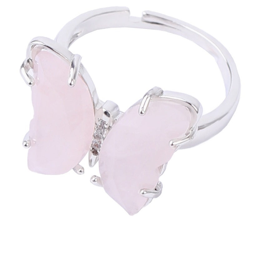 A4_New Adjustable Amethyst White Crystal Ring Natural Gemstone Butterfly Rings for Women Girl Jewelry