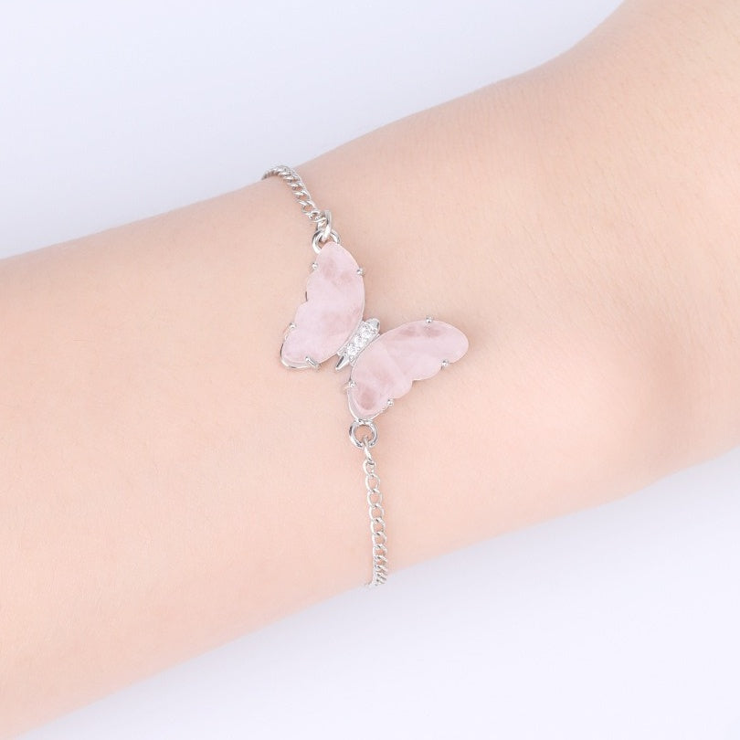 A5_Stainless Steel Butterfly Bracelet for Women Girl Reiki Natural Stone Crystal Silver Color Chain Bracelets Friendship Jewelry