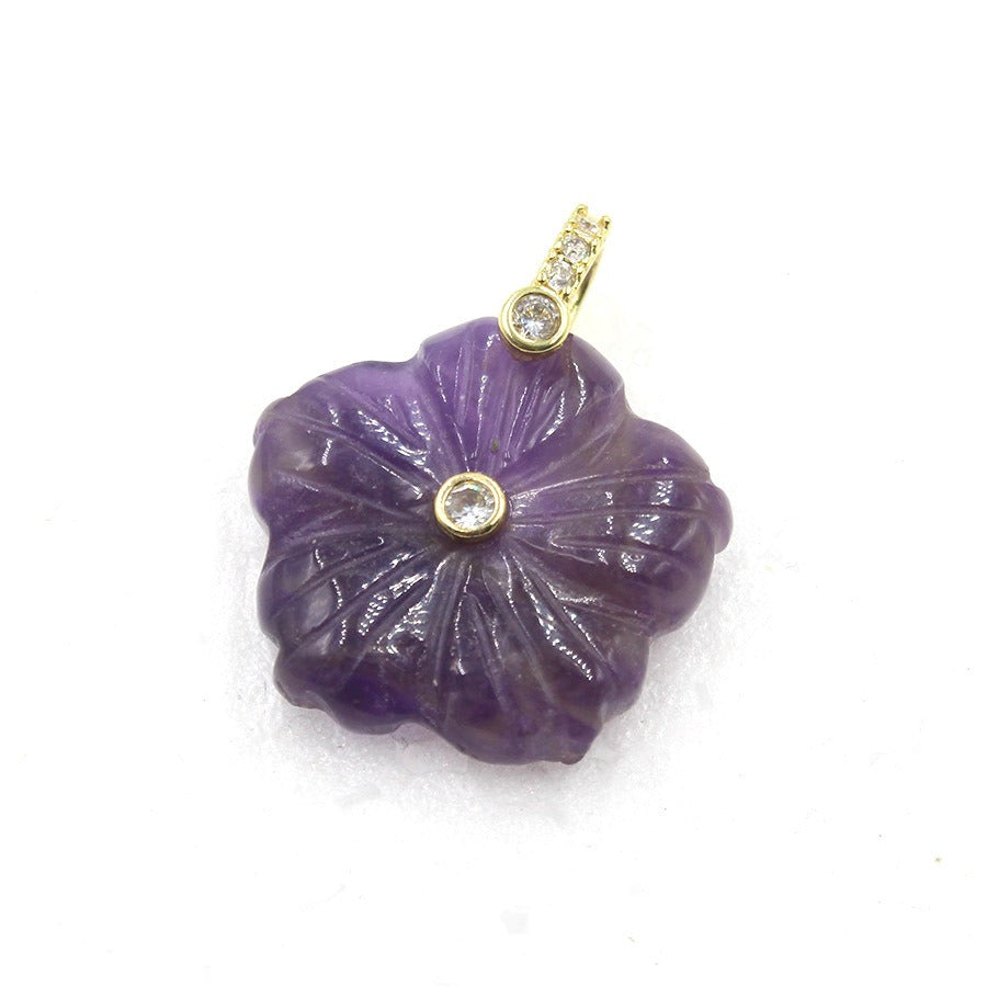 A1_New Natural Stone Crystal Carving Flower with White Zircon Pendant for Women Lady Necklace Jewelry