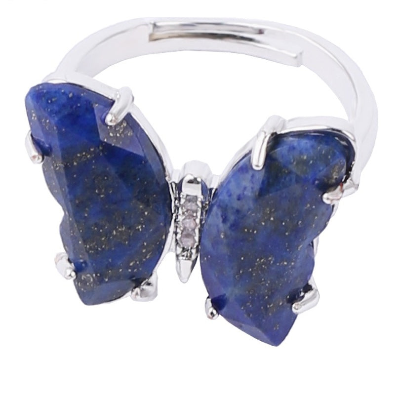 A4_New Adjustable Amethyst White Crystal Ring Natural Gemstone Butterfly Rings for Women Girl Jewelry
