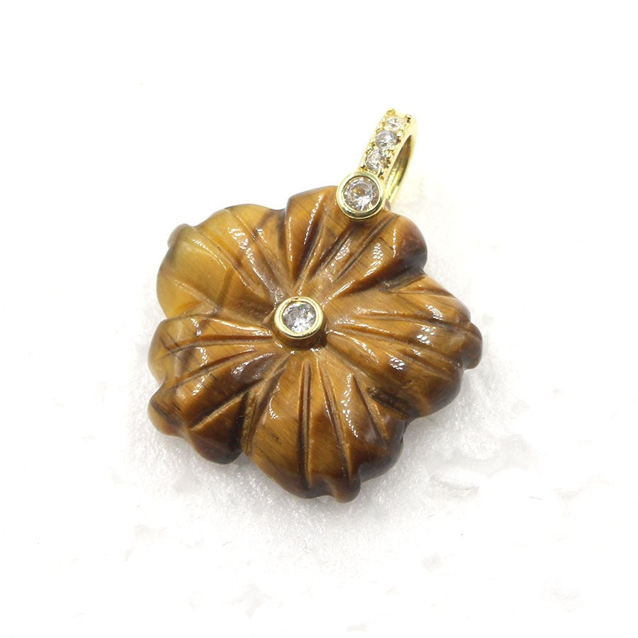 A1_New Natural Stone Crystal Carving Flower with White Zircon Pendant for Women Lady Necklace Jewelry