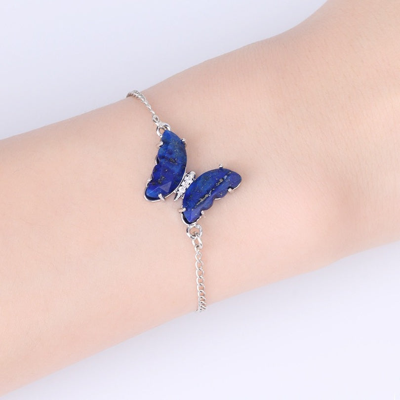 A5_Stainless Steel Butterfly Bracelet for Women Girl Reiki Natural Stone Crystal Silver Color Chain Bracelets Friendship Jewelry