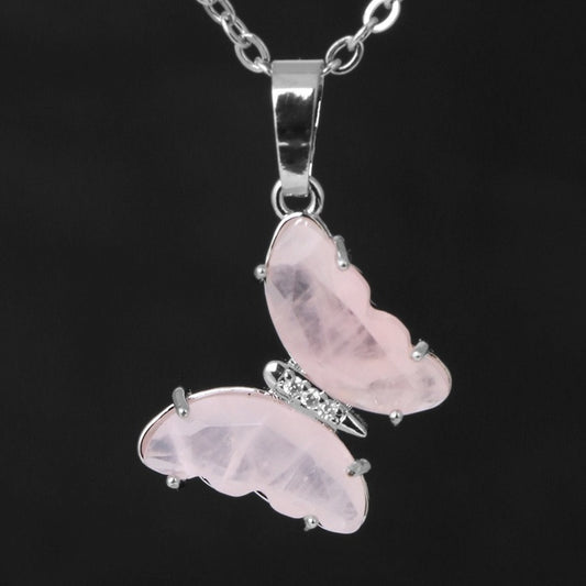 A2_Rock Crystal  Butterfly Necklaces Natural Stone Amethysts Clear Quartz Tiger Eye Pendants Necklace Jewelry for Lady Women