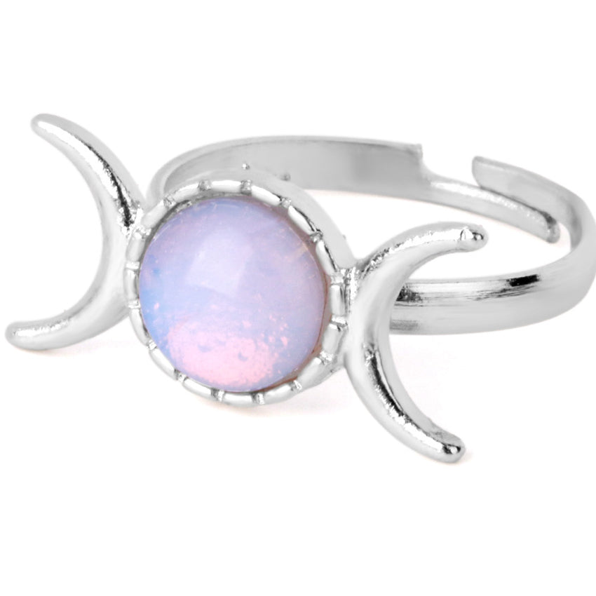 Vintage Adjustable Crescent Ring Moon Sun Women's Natural Stone Jewelry