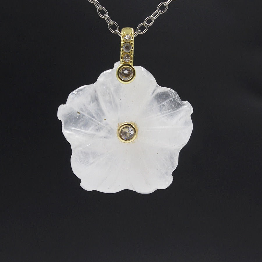 A1_New Natural Stone Crystal Carving Flower with White Zircon Pendant for Women Lady Necklace Jewelry