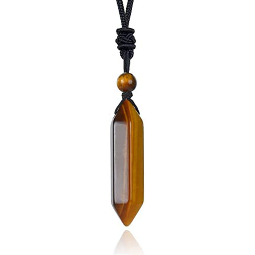 Double Pointed Hexagonal Column Natural Stone Handmade Rope Pendant Necklace