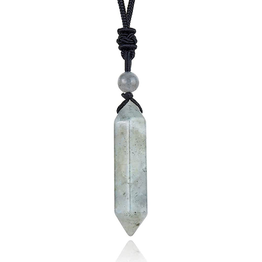 Double Pointed Hexagonal Column Natural Stone Handmade Rope Pendant Necklace