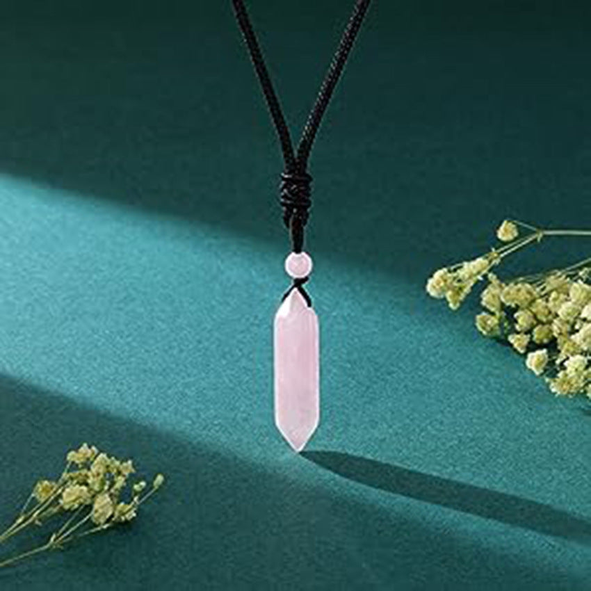 Double Pointed Hexagonal Column Natural Stone Handmade Rope Pendant Necklace