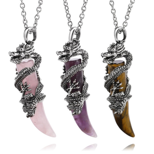 Vintage Man Crystal Necklace Dragon Natural Stone Pink Quartz Obsidian Amethyst Pendant Stainless Steel Necklaces